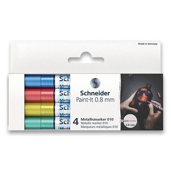 Sada metalických popisovačů Schneider 4ks, hrot 0.8mm: Základní barvy - zelená, žlutá, červená, modrá